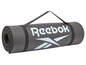Un tapis de yoga Reebok noir roulé avec une sangle de transport.
