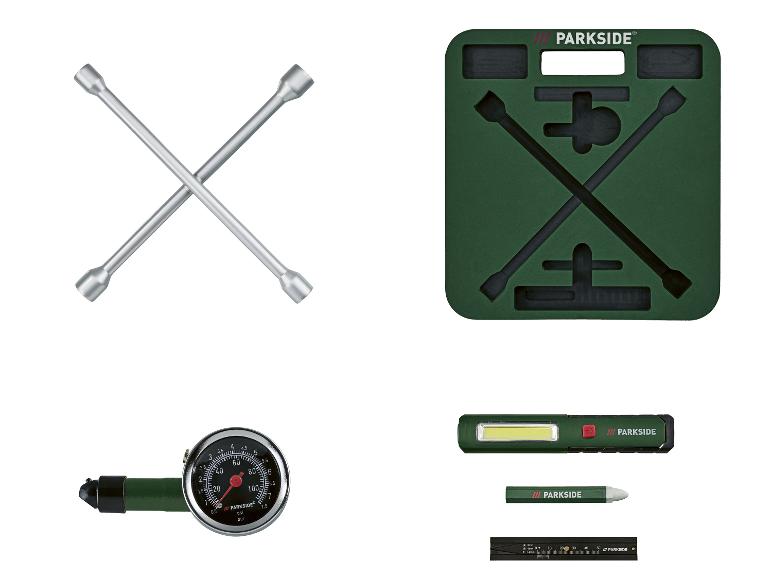 Kit d'outils de voiture: clé en croix, manomètre de pneus, lampe de poche et jauge de profondeur de bande de roulement.