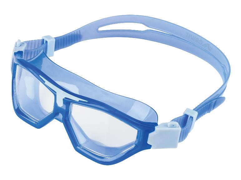 Lunettes de natation bleues avec verres transparents et sangle réglable.