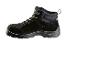 Chaussure de sécurité noire avec lacets jaunes et noirs.