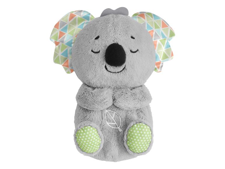 Peluche koala grise avec des oreilles colorées et des pattes vertes à pois.