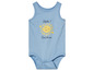 Un body bébé bleu clair avec un soleil et le texte 'Hello! Sunshine'.
