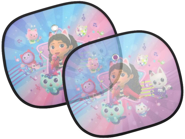 Deux pare-soleil de voiture pour enfants avec des personnages de Gabby's Dollhouse et des notes de musique.