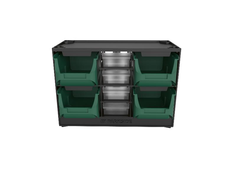 Organisateur de rangement avec tiroirs verts et transparents pour petits outils.