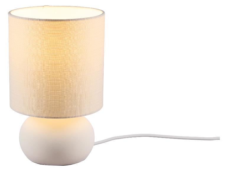 Lampe de table blanche avec abat-jour cylindrique en tissu et base sphérique, avec câble.