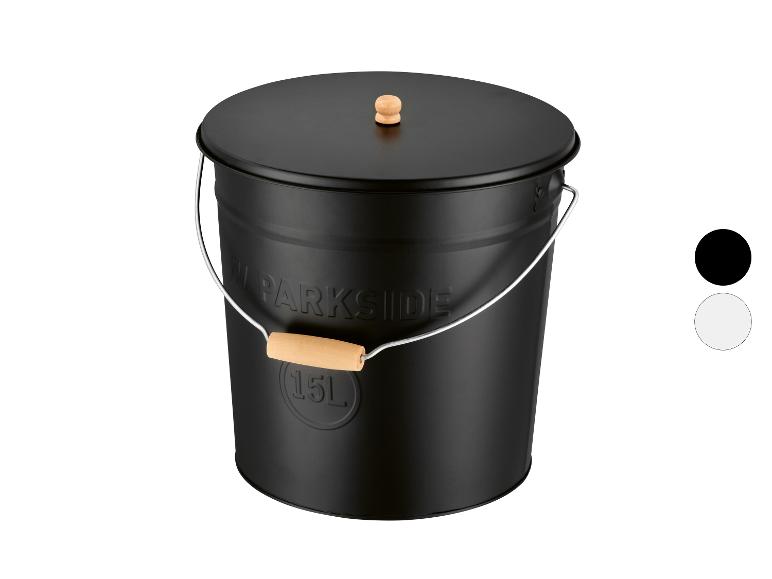 Seau à cendres métallique noir avec couvercle et poignées en bois, 15L
