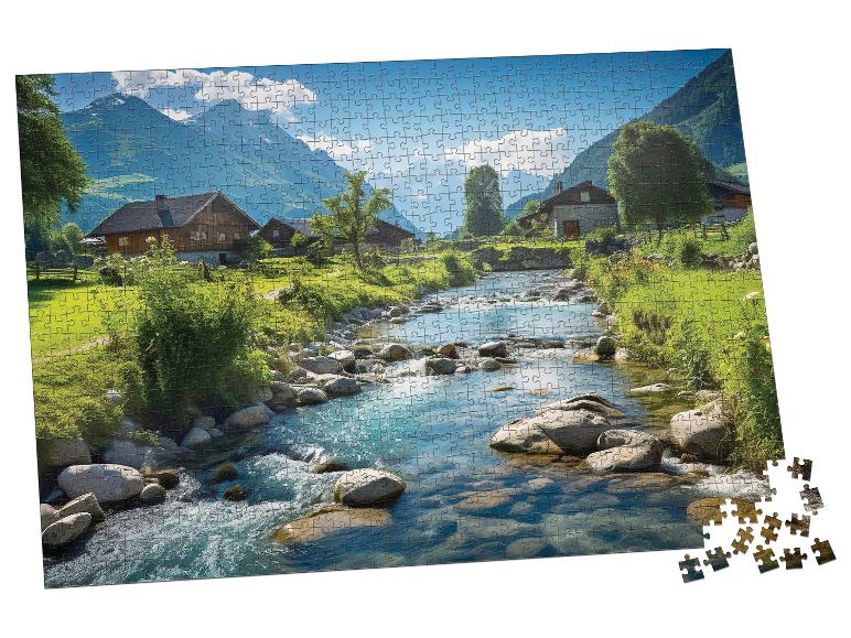 Un puzzle partiellement terminé représentant un village de montagne avec une rivière et des maisons.