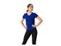 Femme en t-shirt bleue et leggings noirs Kalenji.