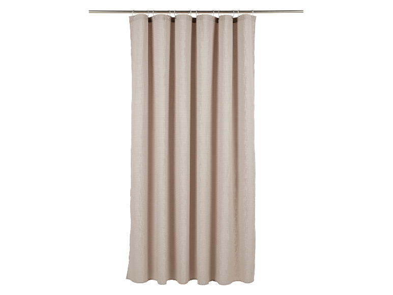 Rideau de douche beige texturé tissé.