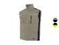 Gilet de travail beige avec empiècements noirs et bandes réfléchissantes.