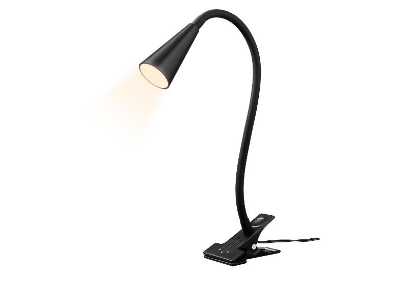 Lampe de bureau noire à pince avec bras flexible, allumée