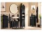 Ensemble de meubles de salle de bain noirs modernes avec façades nervurées, comprenant meuble-lavabo, colonne et rangements.