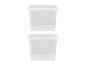 Deux boîtes de rangement en plastique transparent avec couvercles, empilées verticalement sur fond blanc.
