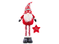 Figurine de gnome de Noël rouge et grise avec des jambes rayées et une étoile 'Merry Christmas'.