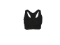 Brassière de sport noire avec dos nageur et logo discret.