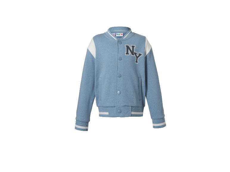 Blouson bomber bleu avec manches blanches et texte 'NY' sur la poitrine.