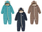 Trois combinaisons de ski pour bébé en bleu, vert clair et marron avec doublure en peluche.