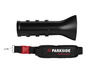 Un tuyau d'arrosage Parkside noir avec un raccord de tuyau et une sangle.