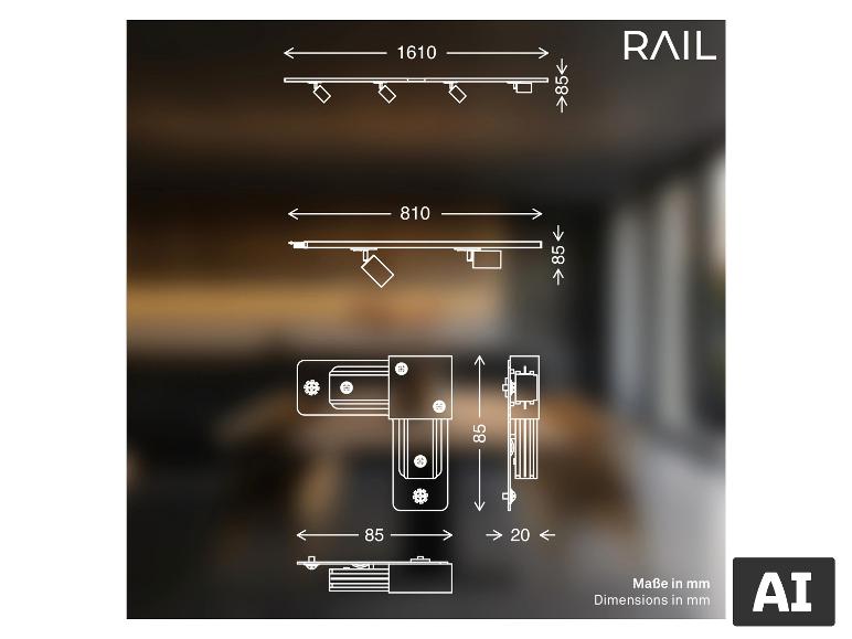 Dessin technique avec dimensions du système de rails d'éclairage BRILONER RAIL. [image générée par l'IA]