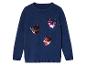Un pull bleu marine avec trois cœurs brillants.