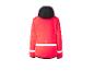 Veste de sport rouge avec capuche noire et bandes réfléchissantes, vue de dos.