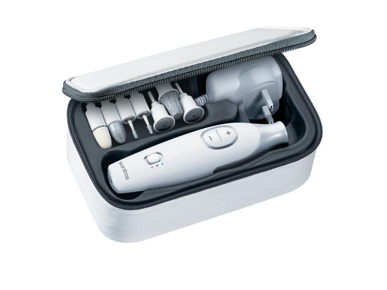 Kit manucure électrique Sanitas avec accessoires dans un étui.