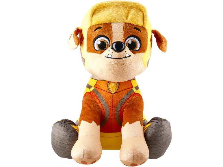 Peluche chien assis avec bonnet jaune et costume orange