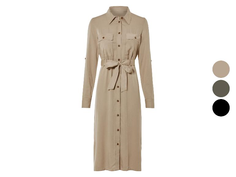 Robe midi beige à boutons et ceinture.