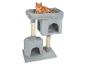 Un griffoir pour chat gris avec un chat dessus.