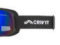 Gros plan de lunettes de ski avec une lentille réfléchissante bleue et une sangle noire avec un logo blanc.