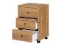 Meuble de rangement couleur bois avec trois tiroirs et roulettes, deux tiroirs ouverts.