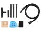 Accessoires d'aspirateur: tuyau, tubes, buses, sacs en papier, sac en tissu et filtre en mousse.