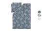 Parure de lit bleu-gris avec motif géométrique, trois échantillons de motifs à droite.