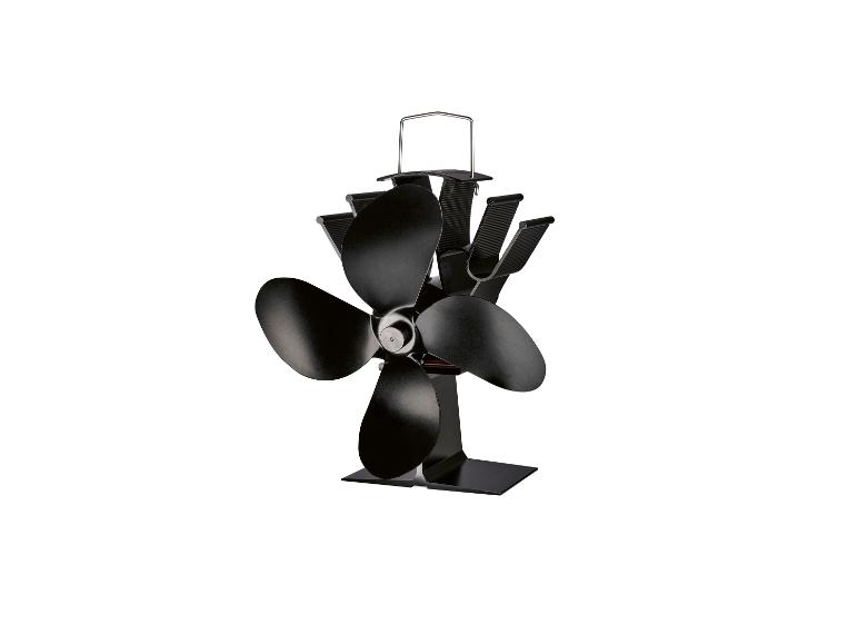 Ventilateur de poêle noir à quatre pales avec poignée.