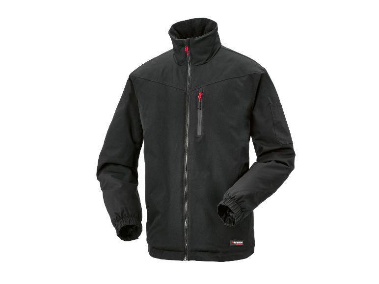 Veste de travail noire PARKSIDE avec détails de fermetures éclair rouges.