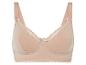 Un soutien-gorge beige rembourré avec de la dentelle et des bretelles réglables.