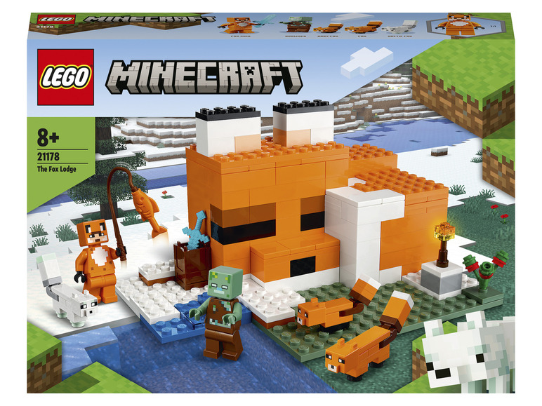 LEGO Minecraft The Fox Lodge avec un renard, un zombie et un renard arctique.