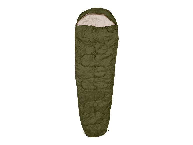 Sac de couchage vert olive avec doublure beige, isolé pour le camping.