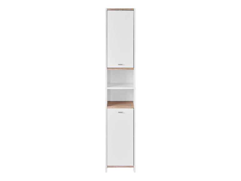 Étagère haute et étroite avec portes blanches et étagères ouvertes en bois clair.