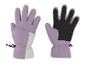 Gants de ski violets et blancs avec détails noirs et réfléchissants.