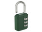 Un cadenas à combinaison vert avec un arceau en métal.
