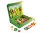 Boîte en bois avec des pièces magnétiques de fruits, chiffres et symboles mathématiques pour enfants.