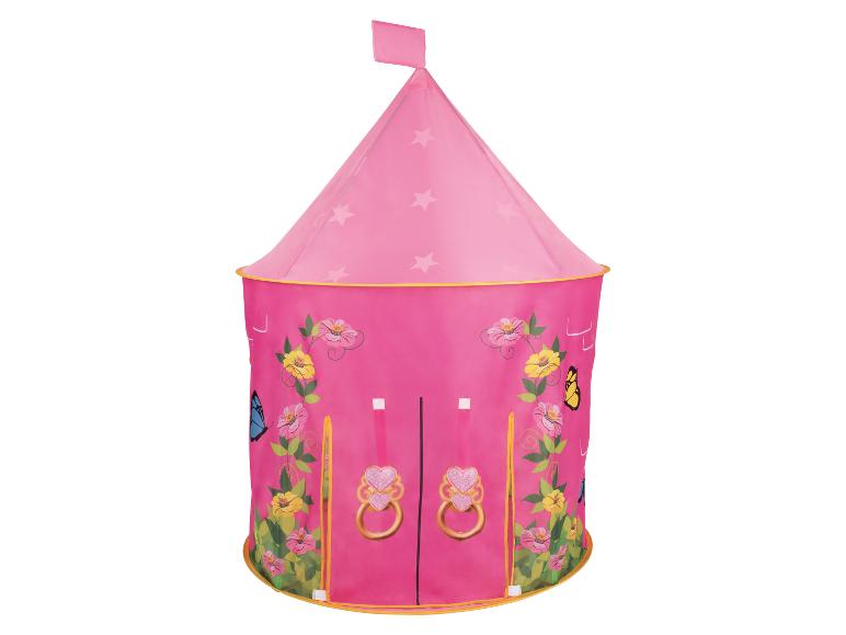 Une tente de jeu rose avec des papillons et des fleurs.