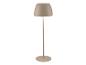 Lampadaire beige avec abat-jour en forme de cloche et base ronde.