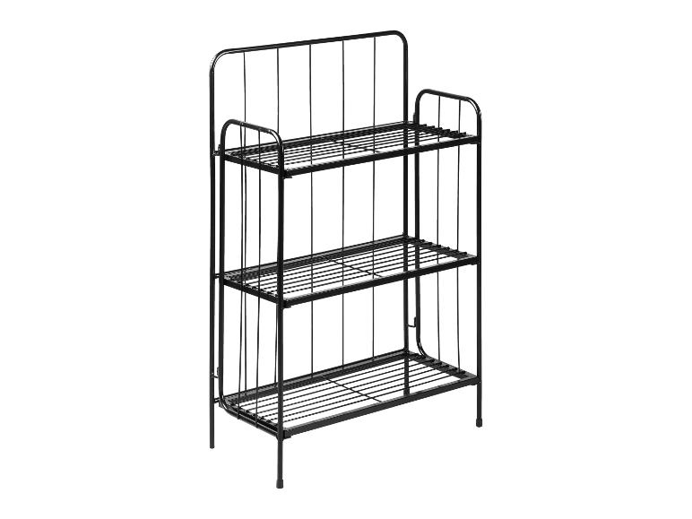 Étagère de rangement noire en métal à trois niveaux.