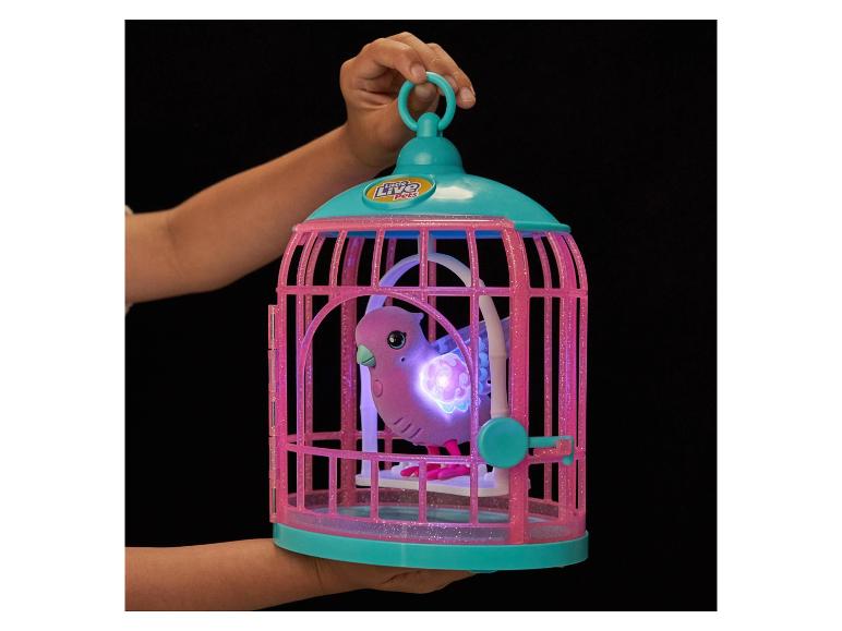 Un enfant tient une cage rose avec un oiseau Little Live Pets à l'intérieur.