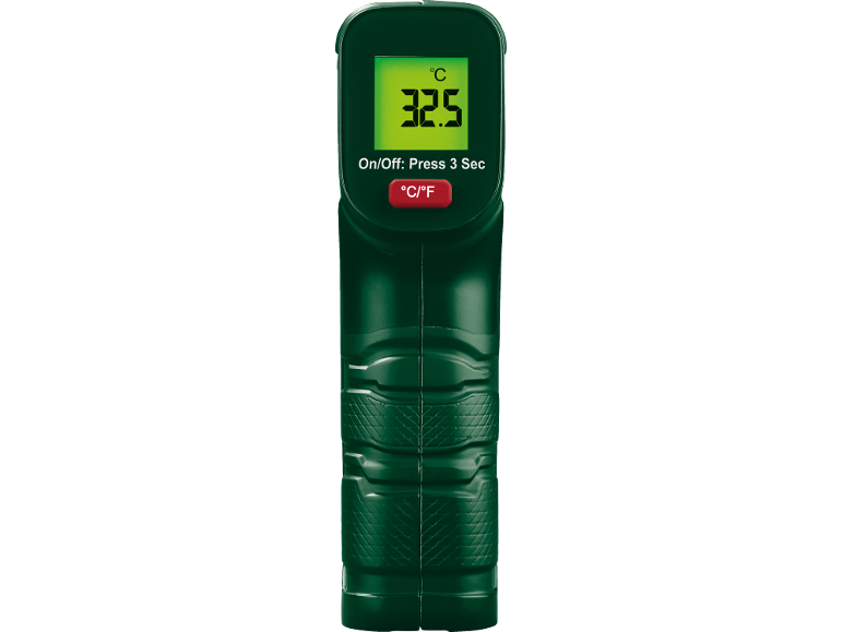 Thermomètre numérique vert avec affichage montrant 32.5 °C et bouton On/Off.