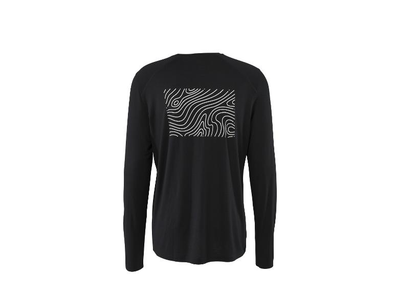 T-shirt noir à manches longues avec un motif de lignes blanches au dos.