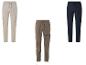 Trois pantalons cargo : beige, kaki et marine.