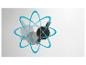 Image abstraite avec des orbites bleues et des formes noires, grises ressemblant à des atomes.
